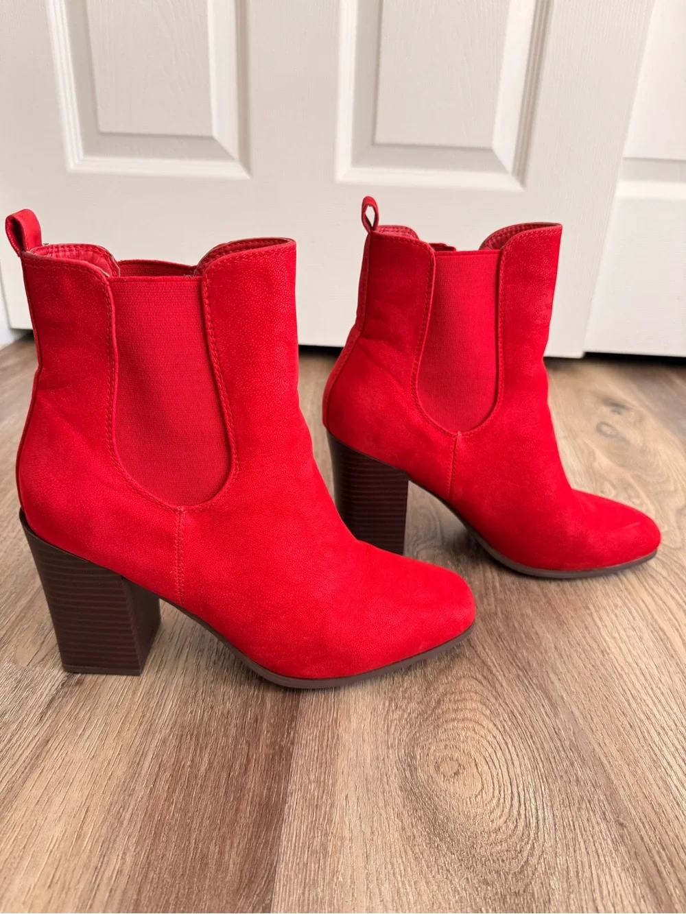 Journee Collection Red Suede-Look Block Heel Ankle Boots